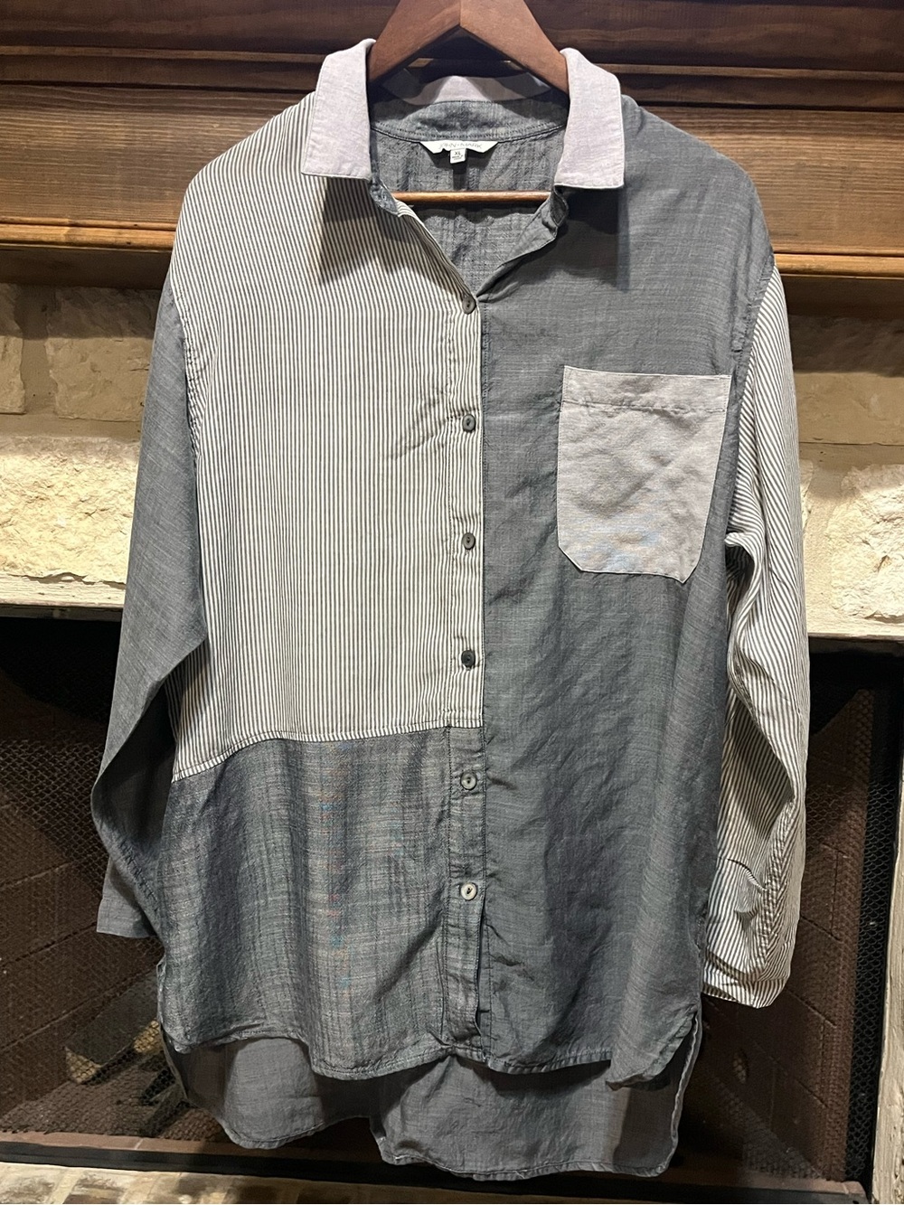 John Mark Mixed Media Patchwork Button Up Tunic Shirt Gray Stripe Colorblock XL